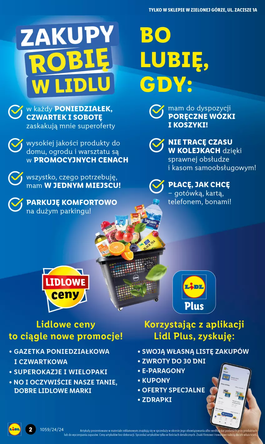 Gazetka promocyjna Lidl - Lidl w Zielonej Górze już otwarty - ważna 10.06 do 15.06.2024 - strona 2 - produkty: Kolejka, Kosz, Olej, Por, Sok, Telefon