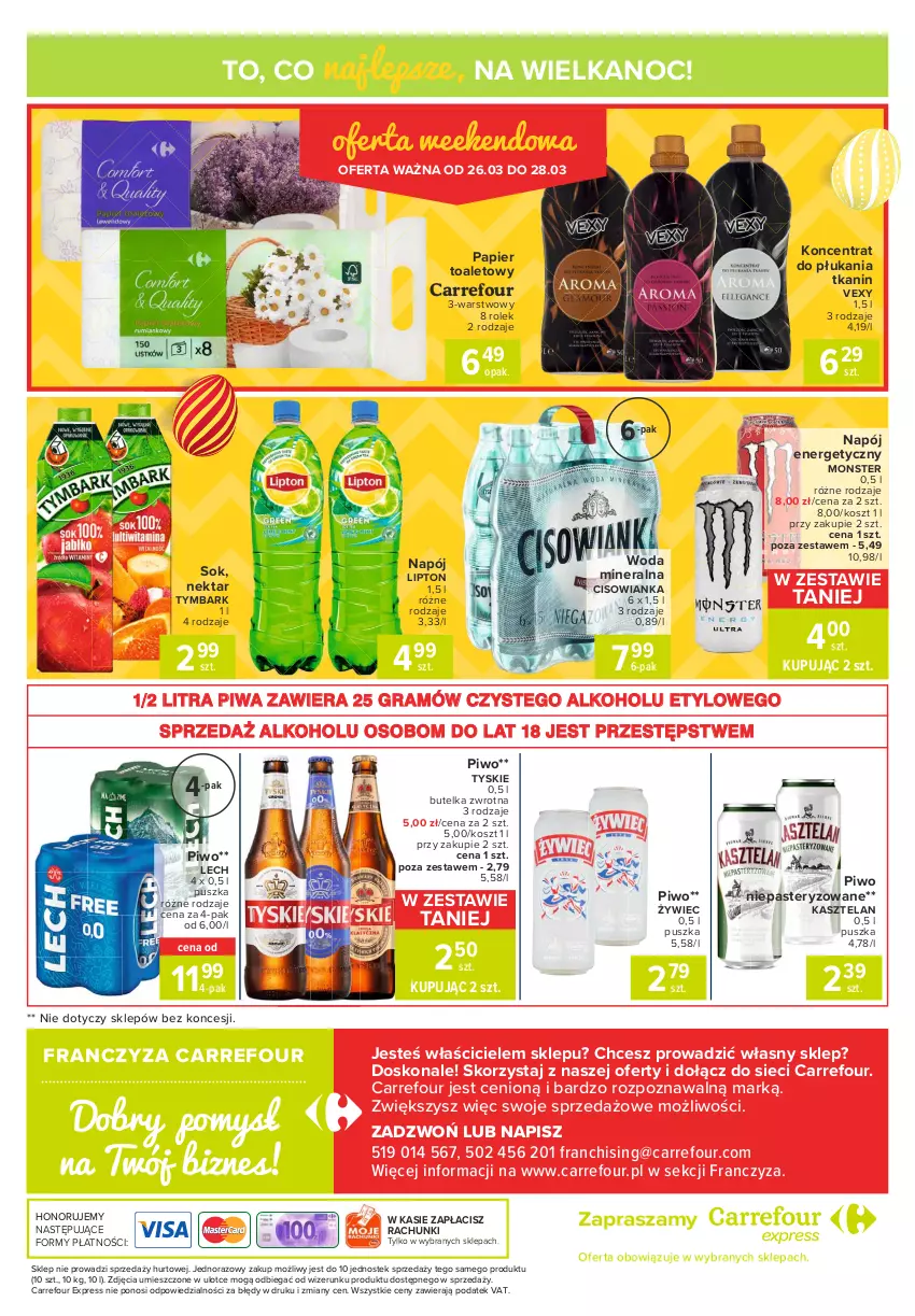 Gazetka promocyjna Carrefour - Gazetka Express - ważna 22.03 do 28.03.2021 - strona 6 - produkty: Cisowianka, Gra, Kasztelan, Kosz, Lipton, Napój, Napój energetyczny, Nektar, Papier, Papier toaletowy, Piwa, Piwo, Sok, Stek, Tymbark, Tyskie, Woda, Woda mineralna