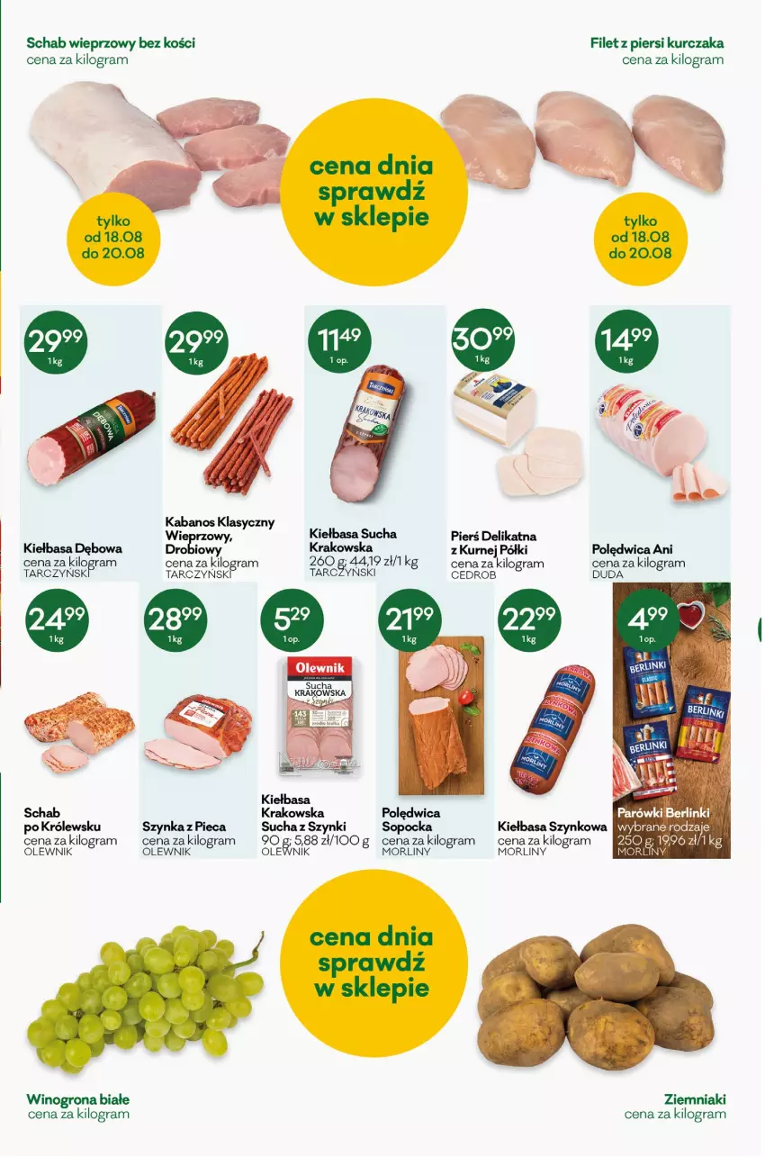 Gazetka promocyjna Groszek - ważna 04.08 do 16.08.2022 - strona 3 - produkty: Duda, Filet z piersi kurczaka, Gra, Kabanos, Kiełbasa, Kiełbasa szynkowa, Kurczak, Morliny, Olewnik, Piec, Polędwica, Schab wieprzowy, Szynka, Tarczyński, Wino, Winogrona, Ziemniaki