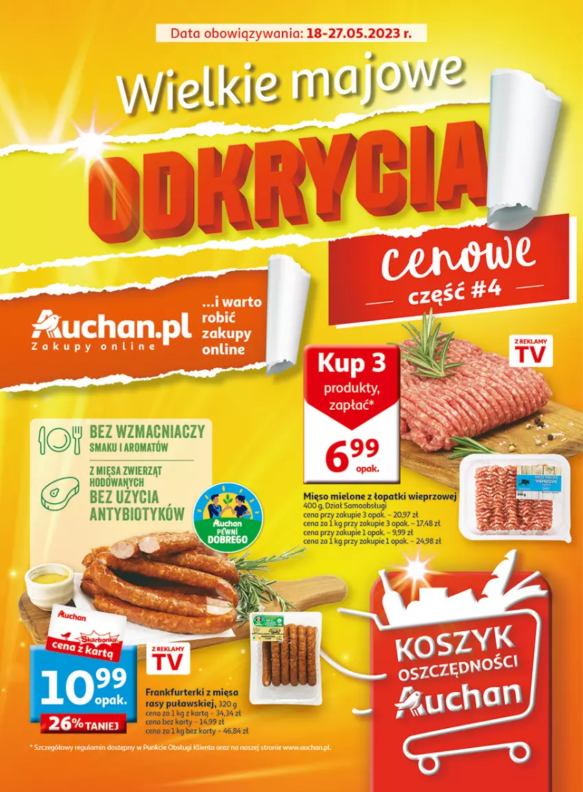 Gazetka promocyjna Auchan - Gazetka Wielkie majowe odkrycia cenowe część #4 Hipermarket Auchan - ważna 18.05 do 27.05.2023 - strona 1 - produkty: Frankfurterki, Mięso, Mięso mielone, Mięso mielone z łopatki wieprzowej