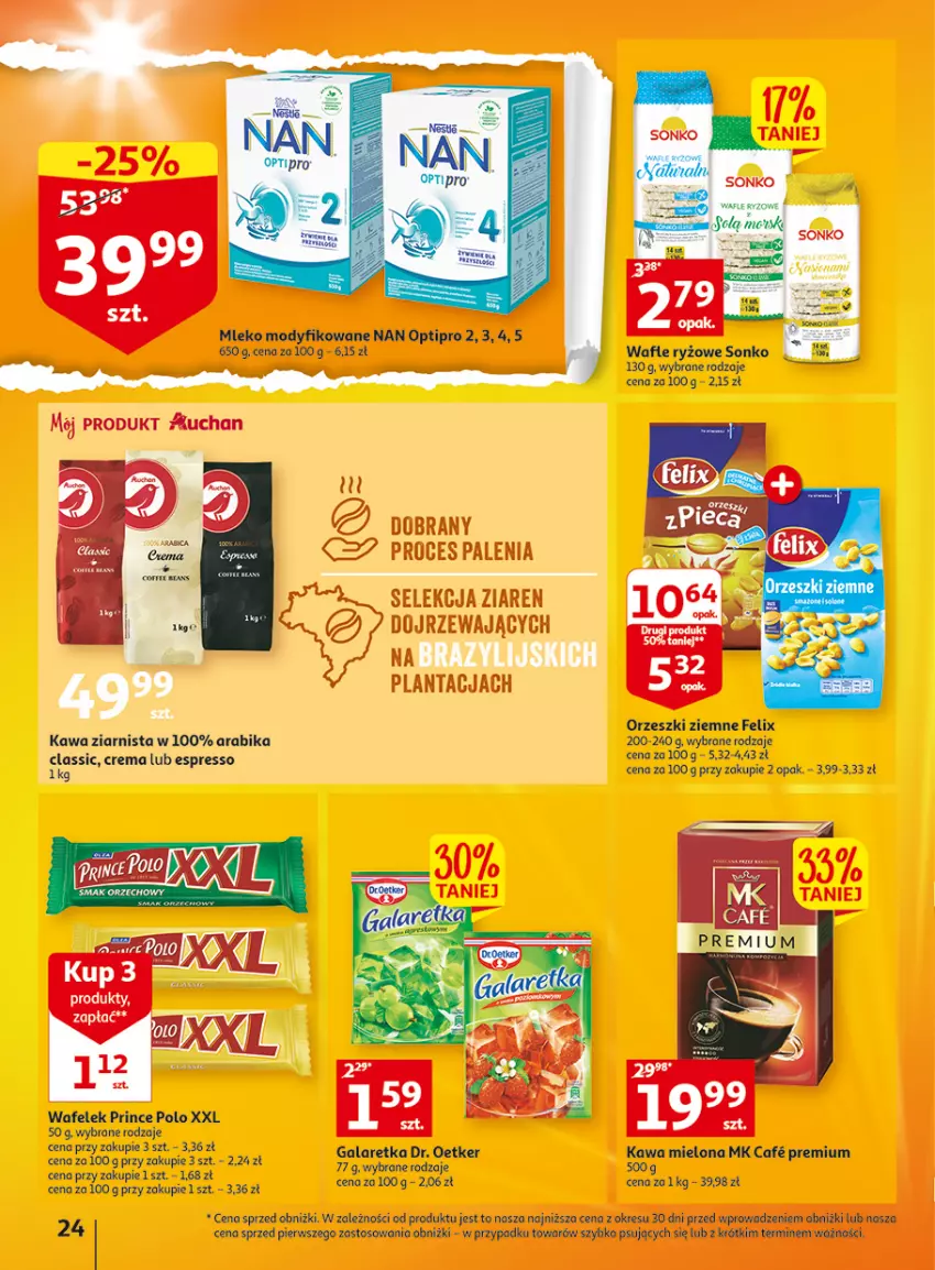 Gazetka promocyjna Auchan - Gazetka Wielkie majowe odkrycia cenowe część #4 Hipermarket Auchan - ważna 18.05 do 27.05.2023 - strona 24 - produkty: Dr. Oetker, Felix, Gala, Galaretka, Kawa, Kawa mielona, Kawa ziarnista, Mleko, Mleko modyfikowane, NAN Optipro, O nas, Orzeszki, Orzeszki ziemne, Prince Polo, Ryż, Sonko, Wafelek, Wafle