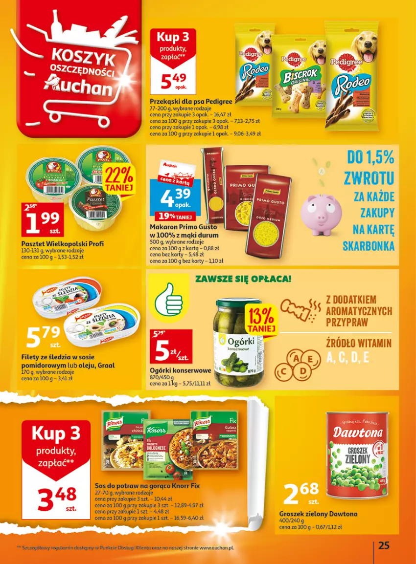 Gazetka promocyjna Auchan - Gazetka Wielkie majowe odkrycia cenowe część #4 Hipermarket Auchan - ważna 18.05 do 27.05.2023 - strona 25 - produkty: Dawtona, Gra, Graal, Groszek, Makaron, Ogórki konserwowe, Olej, Pedigree, Przekąski dla psa, Rum, Ser, Sos