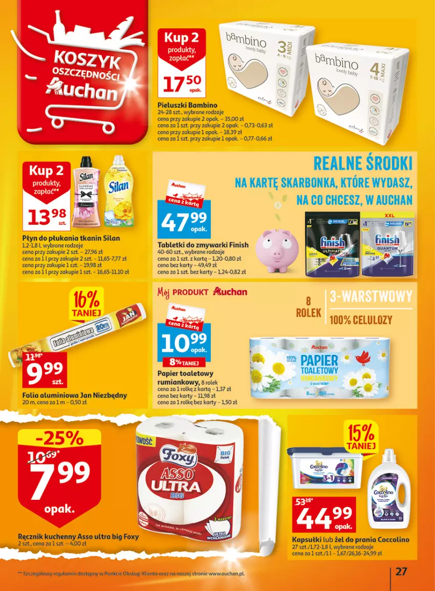 Gazetka promocyjna Auchan - Gazetka Wielkie majowe odkrycia cenowe część #4 Hipermarket Auchan - ważna 18.05 do 27.05.2023 - strona 27 - produkty: Coccolino, Finish, Folia aluminiowa, Foxy, Jan Niezbędny, Papier, Papier toaletowy, Płyn do płukania, Ręcznik, Ręcznik kuchenny, Rum, Saga, Silan, Tablet, Tabletki do zmywarki, Zmywarki