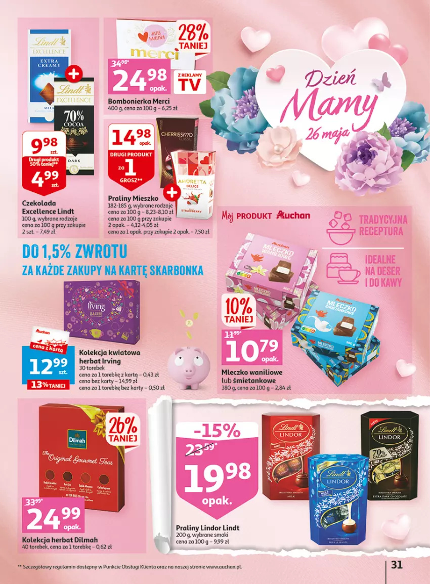 Gazetka promocyjna Auchan - Gazetka Wielkie majowe odkrycia cenowe część #4 Hipermarket Auchan - ważna 18.05 do 27.05.2023 - strona 31 - produkty: Czekolada, Deser, Dilmah, Irving, Lindor, Lindt, Merci, Mleczko, Praliny, Ser