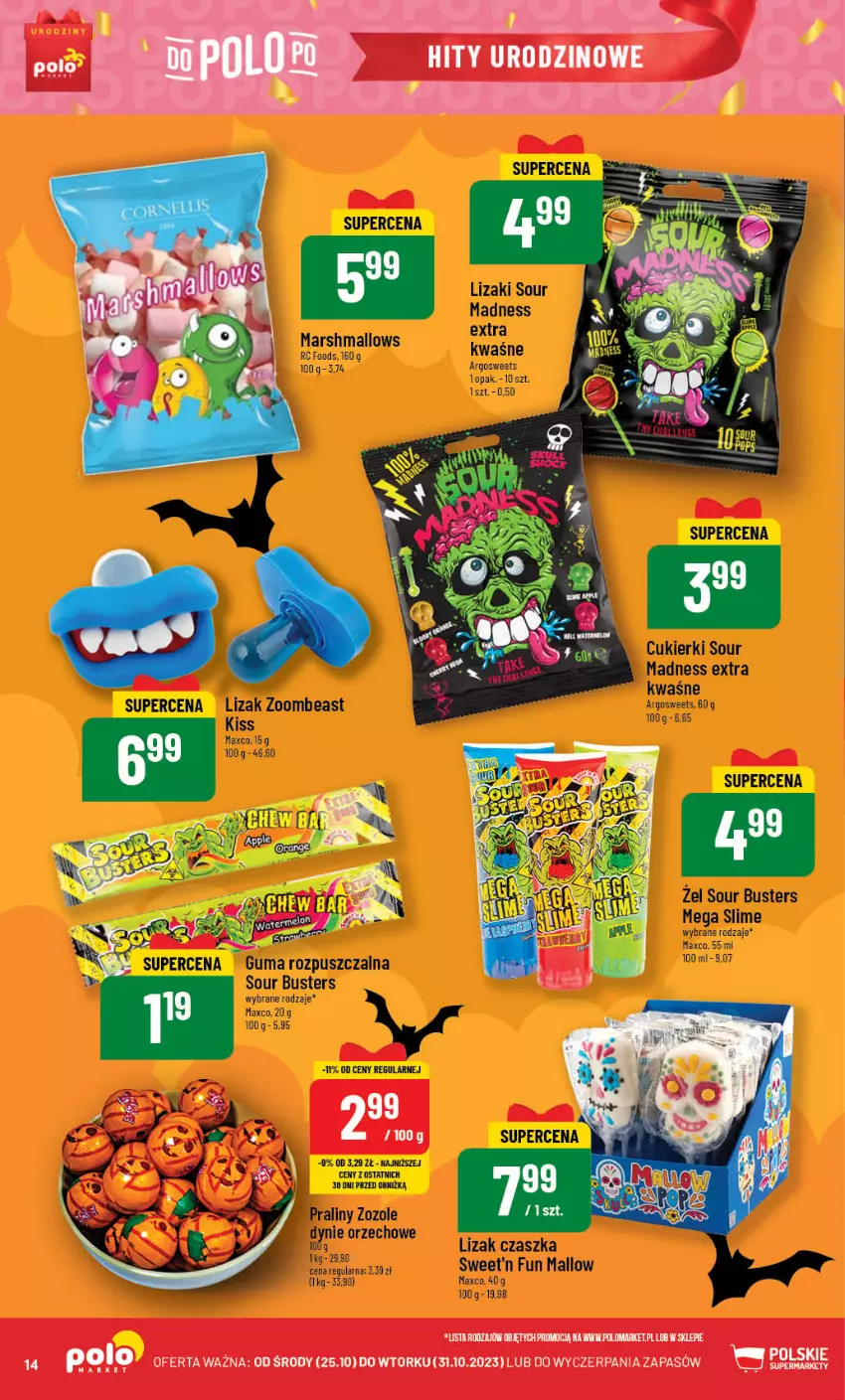 Gazetka promocyjna PoloMarket - Gazetka pomocyjna - ważna 25.10 do 31.10.2023 - strona 14 - produkty: Cukier, Cukierki, Guma rozpuszczalna, Lizaki, Mars, Marshmallows, Praliny