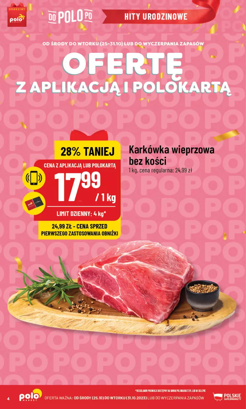 Gazetka promocyjna PoloMarket - Gazetka pomocyjna - ważna 25.10 do 31.10.2023 - strona 4 - produkty: Karkówka wieprzowa, Kosz, LG