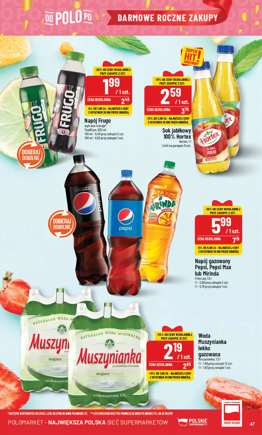 Gazetka promocyjna PoloMarket - Gazetka pomocyjna - ważna 25.10 do 31.10.2023 - strona 47 - produkty: Hortex, Laur, Magnez, Mirinda, Mus, Muszynianka, Napój, Napój gazowany, Pepsi, Pepsi max, Sok, Sok jabłkowy, Woda