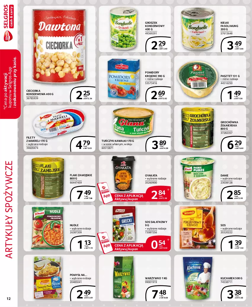 Gazetka promocyjna Selgros - Extra Oferta - ważna 01.08 do 31.08.2021 - strona 12 - produkty: Artykuły spożywcze, Cieciorka, Fa, Fasoli mung, Flaki, Groch, Groszek, Kawa, Kiełki, Kucharek, LG, Olej, Orka, Pasztet, Pomidory, Pomidory krojone, Sałat, Ser, Sos, Tuńczyk