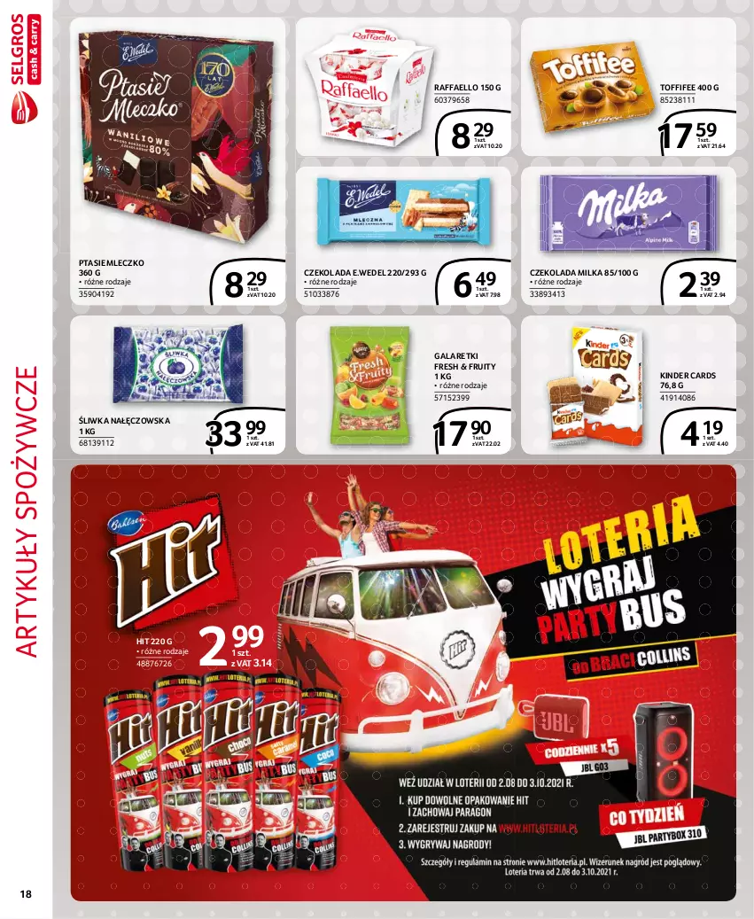 Gazetka promocyjna Selgros - Extra Oferta - ważna 01.08 do 31.08.2021 - strona 18 - produkty: Artykuły spożywcze, Czekolada, Fa, Gala, Galaretki, Kinder, Milka, Mleczko, Ptasie mleczko, Raffaello, Toffifee