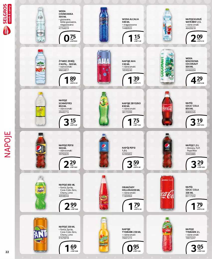 Gazetka promocyjna Selgros - Extra Oferta - ważna 01.08 do 31.08.2021 - strona 22 - produkty: 7up, Cisowianka, Coca-Cola, Fa, Fanta, Hellena, Kokos, Kubuś, Kubuś Waterrr, Mirinda, Napój, Napoje, Pepsi, Pepsi max, Schweppes, Sprite, Tymbark, Woda