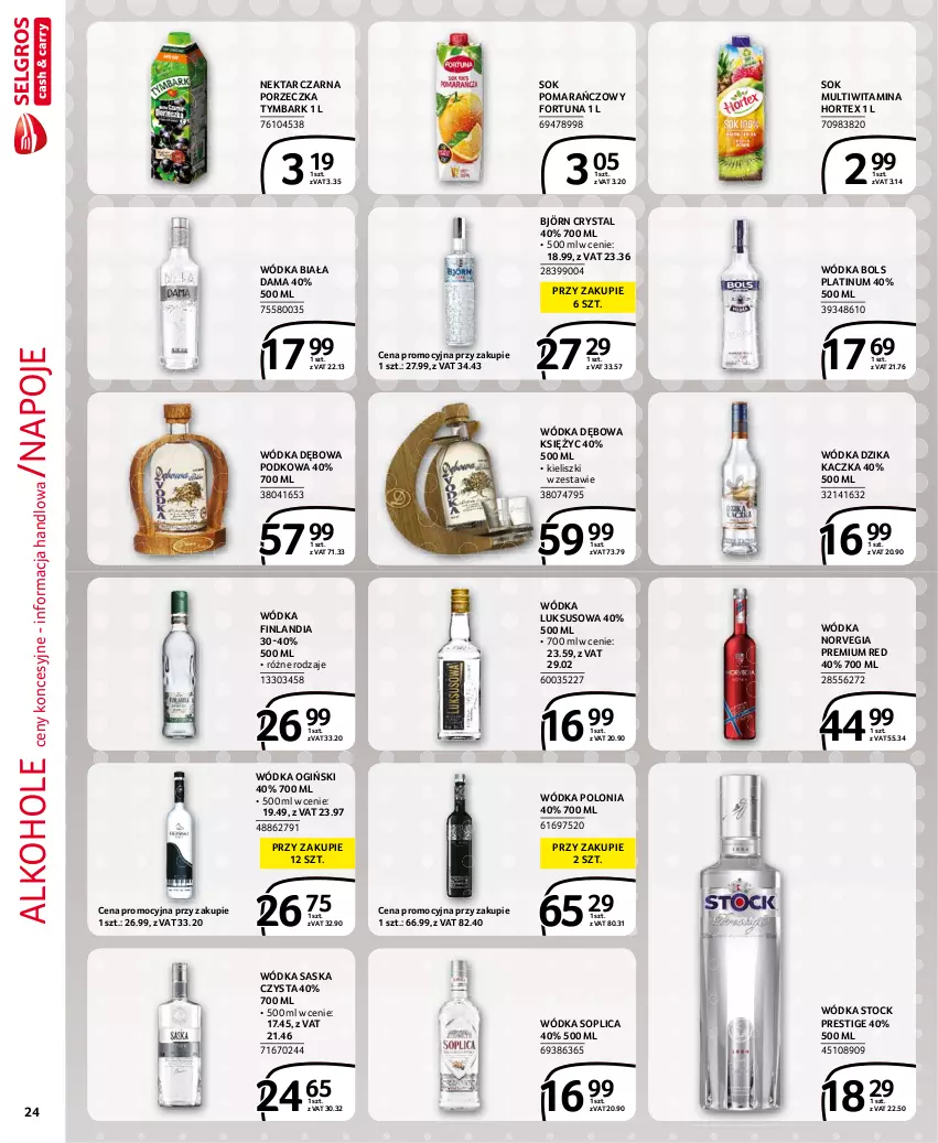 Gazetka promocyjna Selgros - Extra Oferta - ważna 01.08 do 31.08.2021 - strona 24 - produkty: Alkohole, Bols, Finlandia, Fortuna, Hortex, Kaczka, Napoje, Nektar, Ogiński, Por, Saska, Sok, Sok pomarańczowy, Soplica, Stock, Tymbark, Wódka