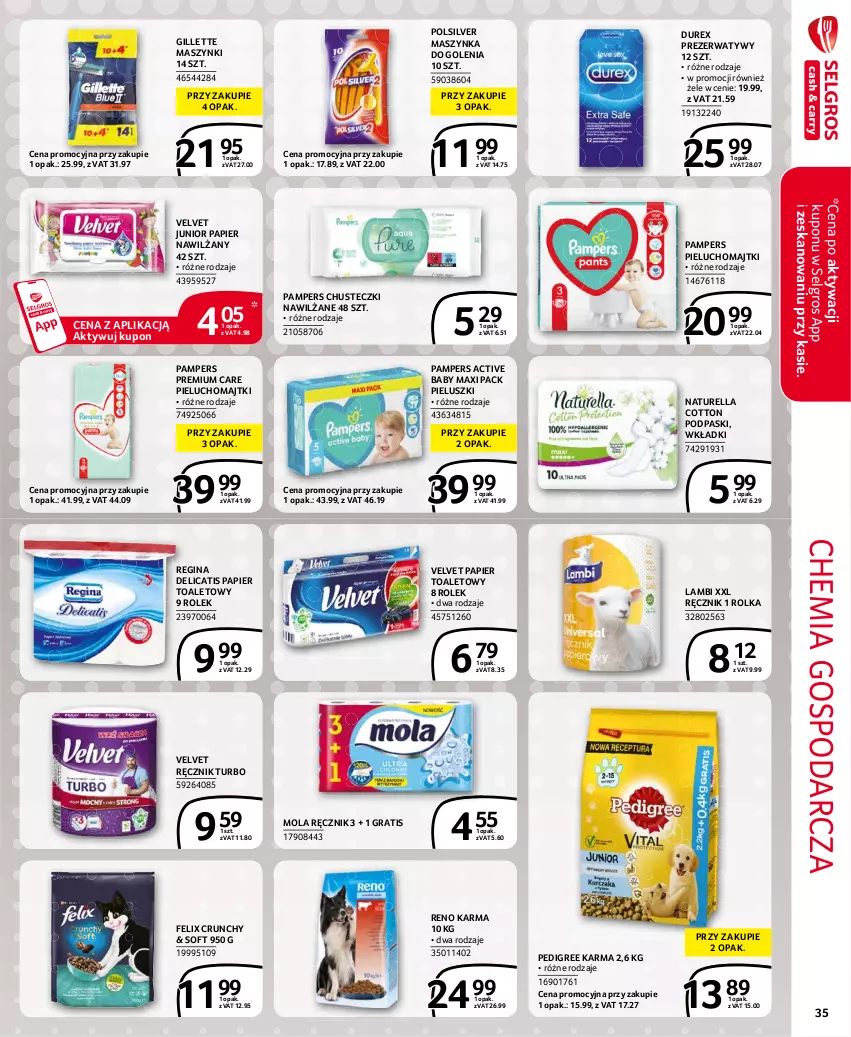 Gazetka promocyjna Selgros - Extra Oferta - ważna 01.08 do 31.08.2021 - strona 35 - produkty: Chusteczki, Durex, Felix, Gillette, Gin, Gra, LG, Majtki, Maszynka, Maszynka do golenia, Mola, Naturell, Naturella, Pampers, Papier, Papier toaletowy, Pedigree, Pieluchomajtki, Podpaski, Prezerwatyw, Ręcznik, Szynka, Velvet, Wkładki