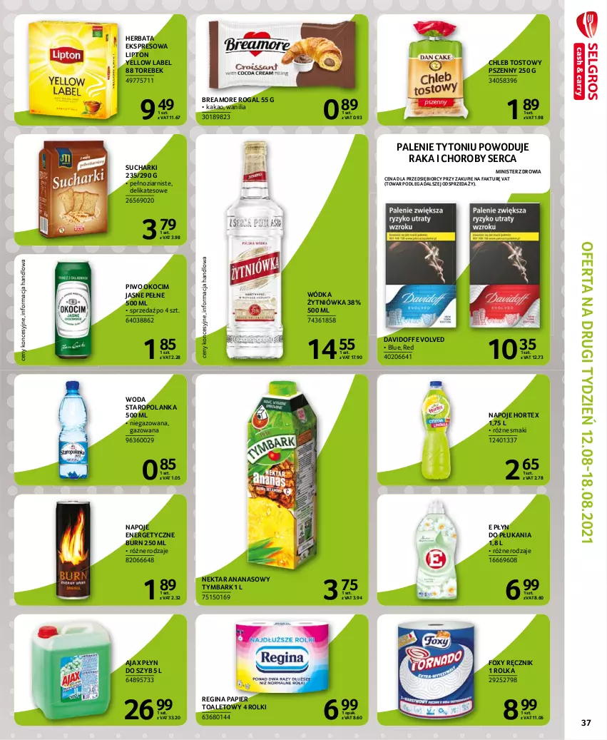 Gazetka promocyjna Selgros - Extra Oferta - ważna 01.08 do 31.08.2021 - strona 39 - produkty: Ajax, Ananas, Chleb, Chleb tostowy, Davidoff, Fa, Foxy, Gin, Herbata, Hortex, Kakao, Koc, Lipton, Napoje, Nektar, Okocim, Papier, Papier toaletowy, Piwo, Płyn do płukania, Płyn do szyb, Ręcznik, Rogal, Rolki, Ser, Staropolanka, Tymbark, Woda, Wódka