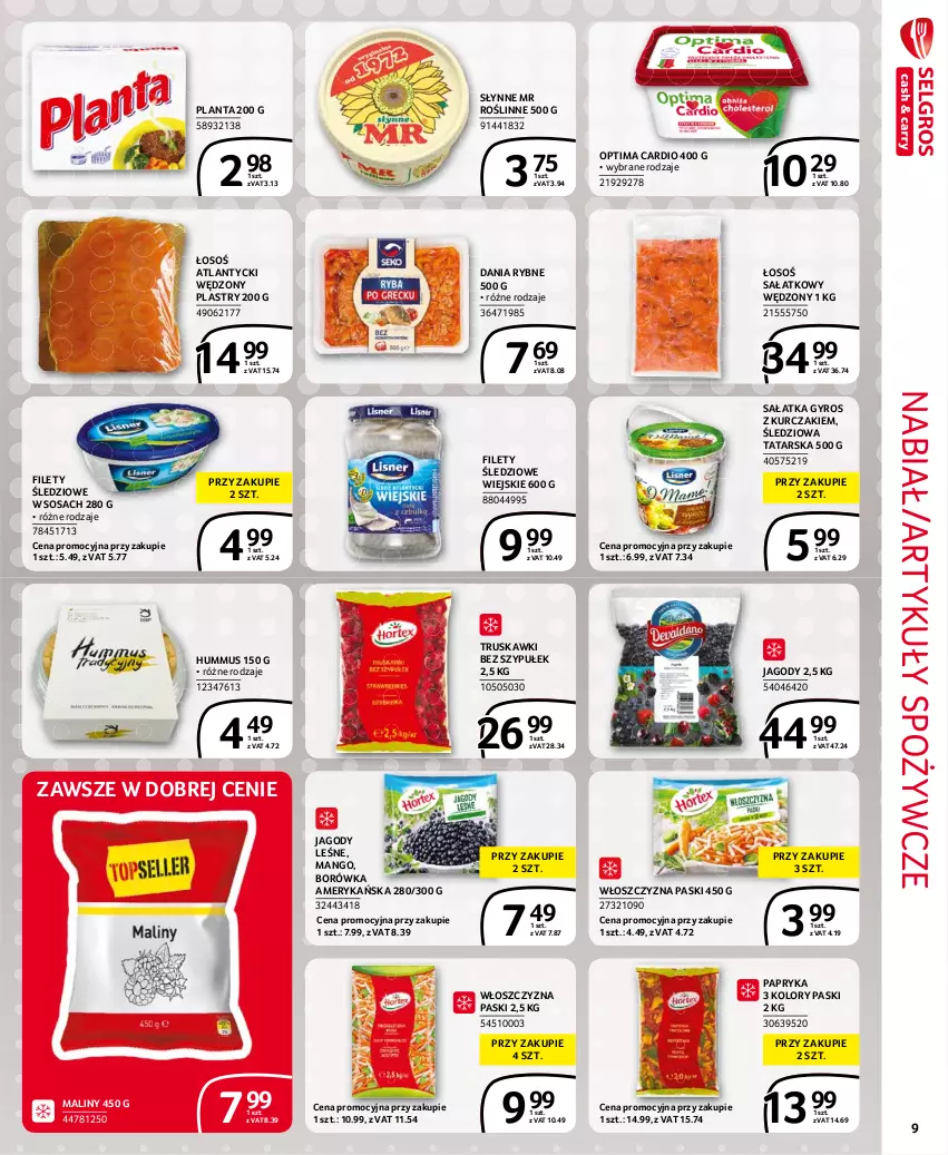 Gazetka promocyjna Selgros - Extra Oferta - ważna 01.08 do 31.08.2021 - strona 9 - produkty: Artykuły spożywcze, Borówka, Borówka amerykańska, Gyros, Hummus, Jagody, Kurczak, Maliny, Mango, Mus, Optima, Optima Cardio, Papryka, Sałat, Sałatka, Słynne, Słynne MR Roślinne, Sos, Truskawki