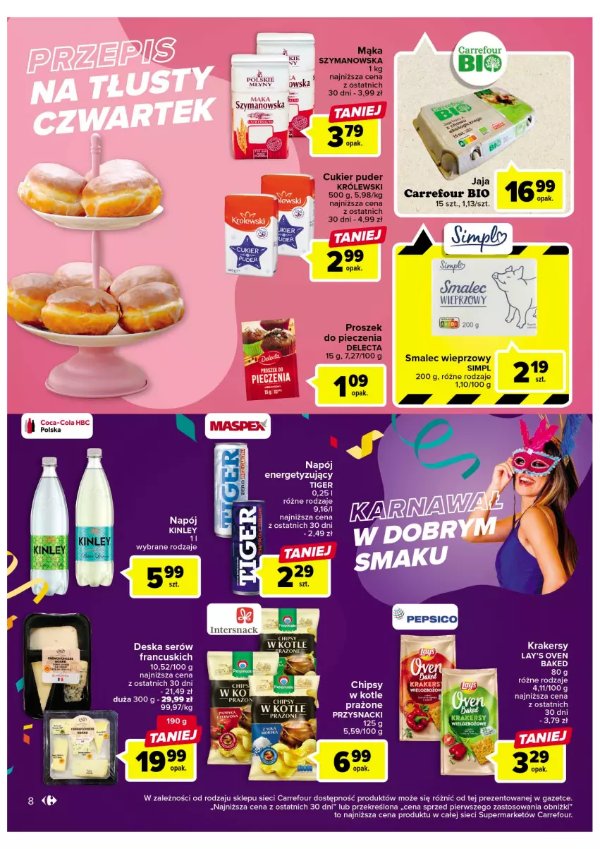 Gazetka promocyjna Carrefour - Gazetka Market - ważna 07.02 do 18.02.2023 - strona 10 - produkty: Chipsy, Cukier, Cukier puder, Delecta, Deska serów, Jaja, Krakersy, Królewski, Mąka, Napój, Pepsi, Piec, Proszek do pieczenia, Przysnacki, Puder, Ser, Smalec, Tiger