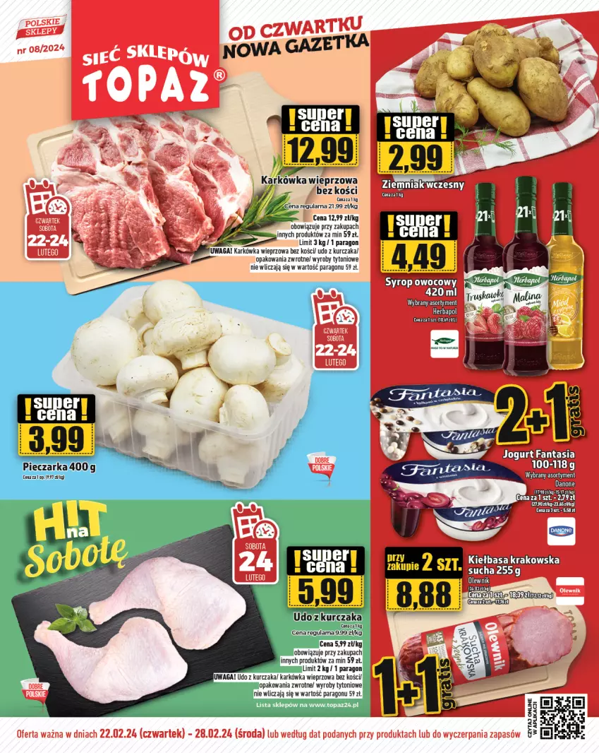 Gazetka promocyjna Topaz - Gazetka - ważna 22.02 do 28.02.2024 - strona 1 - produkty: Karkówka wieprzowa, Kurczak, Piec, Pieczarka, Top, Udo z kurczaka, Waga