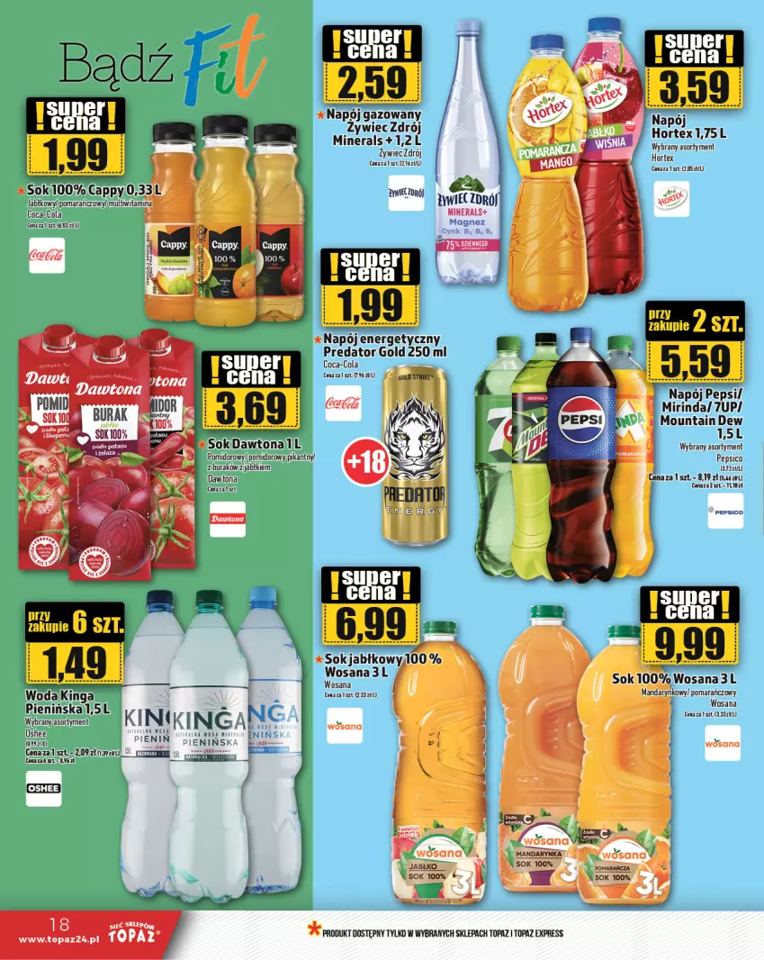 Gazetka promocyjna Topaz - Gazetka - ważna 22.02 do 28.02.2024 - strona 18 - produkty: 7up, Coca-Cola, Dawtona, Hortex, Magnez, Mirinda, Napój, Napój energetyczny, Oshee, Pepsi, Sok, Top, Woda, Wosana