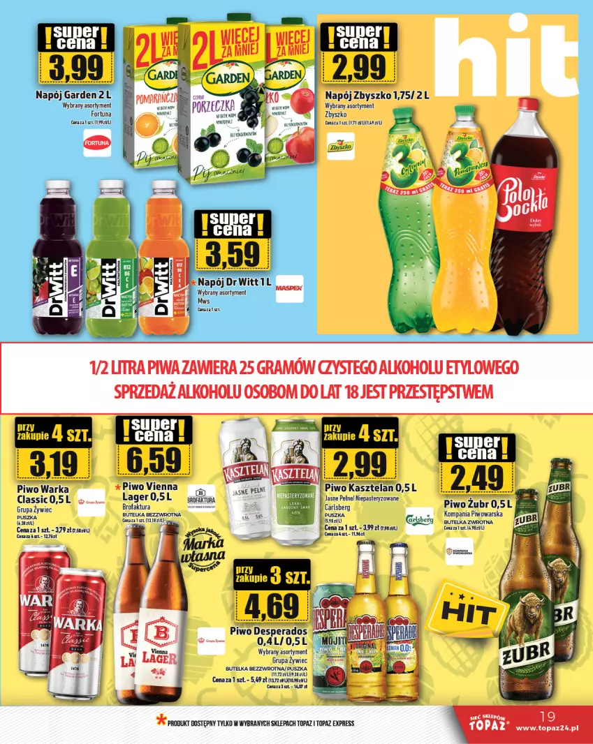 Gazetka promocyjna Topaz - Gazetka - ważna 22.02 do 28.02.2024 - strona 19 - produkty: Carlsberg, Desperados, Fa, Fortuna, Gra, Kasztelan, Napój, Piwa, Piwo, Pur, Top, Warka