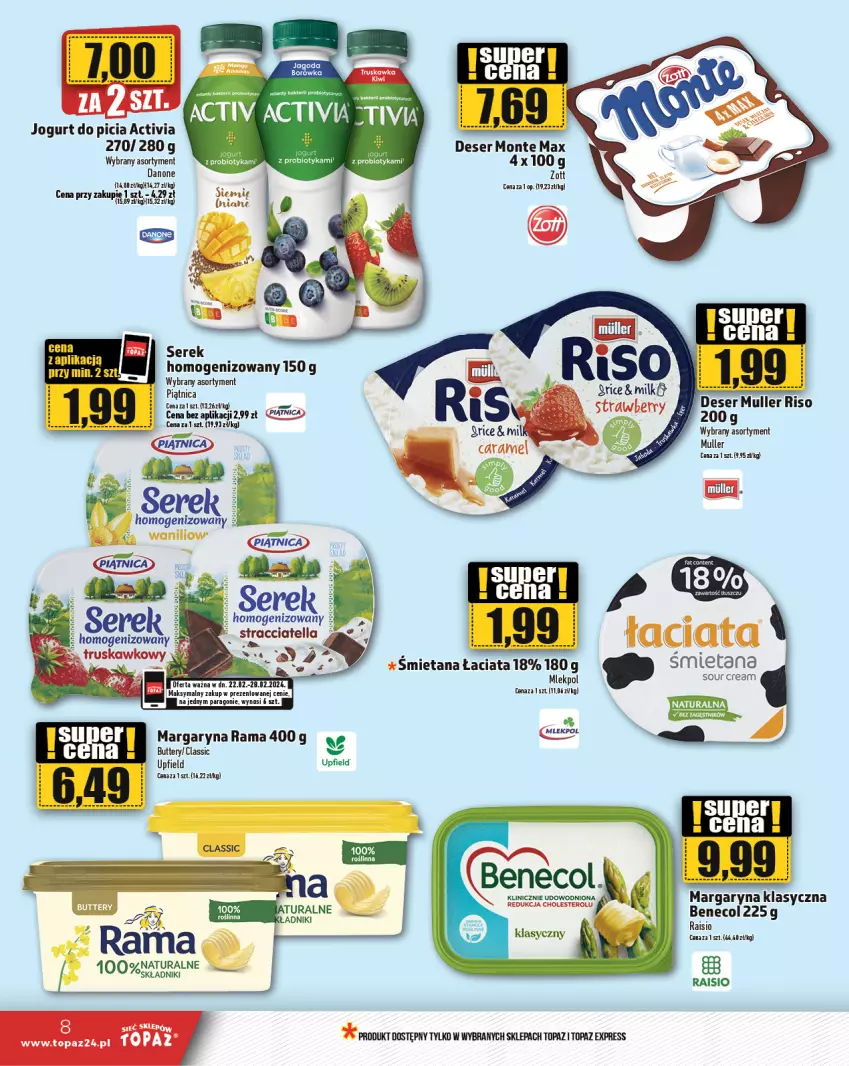 Gazetka promocyjna Topaz - Gazetka - ważna 22.02 do 28.02.2024 - strona 8 - produkty: Activia, Danone, Deser, Jogurt, Margaryna, Monte, Piątnica, Probiotyk, Rama, Ser, Serek, Sos, Top, Zott