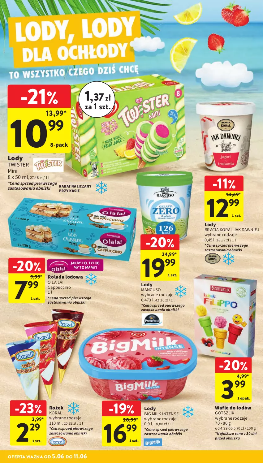 Gazetka promocyjna Intermarche - Gazetka Intermarche - ważna 05.06 do 11.06.2025 - strona 24 - produkty: Big Milk, Cappuccino, Lody, Rolada, Wafle, Wafle do lodów
