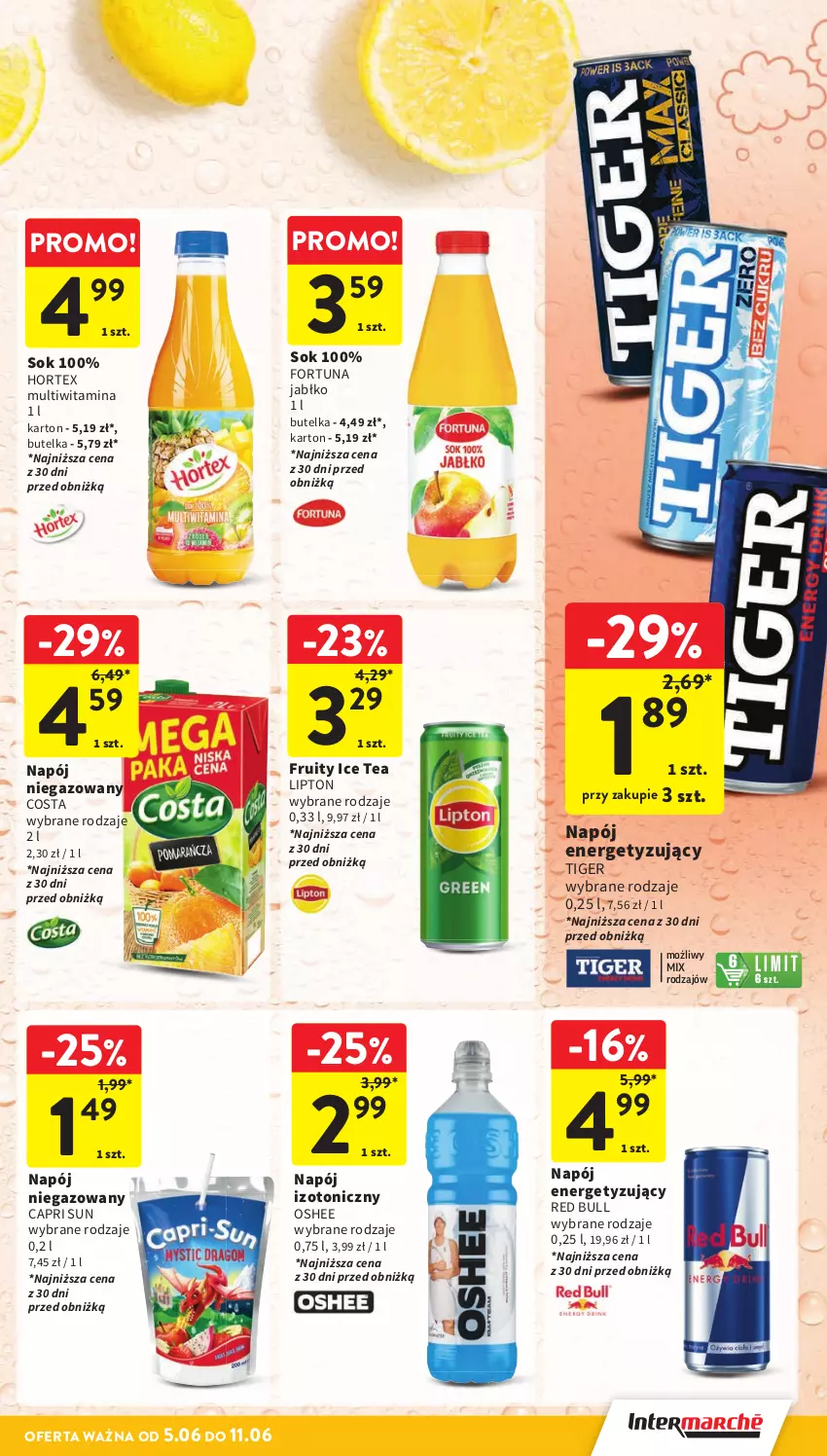 Gazetka promocyjna Intermarche - Gazetka Intermarche - ważna 05.06 do 11.06.2025 - strona 35 - produkty: Fortuna, Hortex, Ice tea, Lipton, Napój, Napój izotoniczny, Napój niegazowany, Oshee, Red Bull, Sok, Tiger