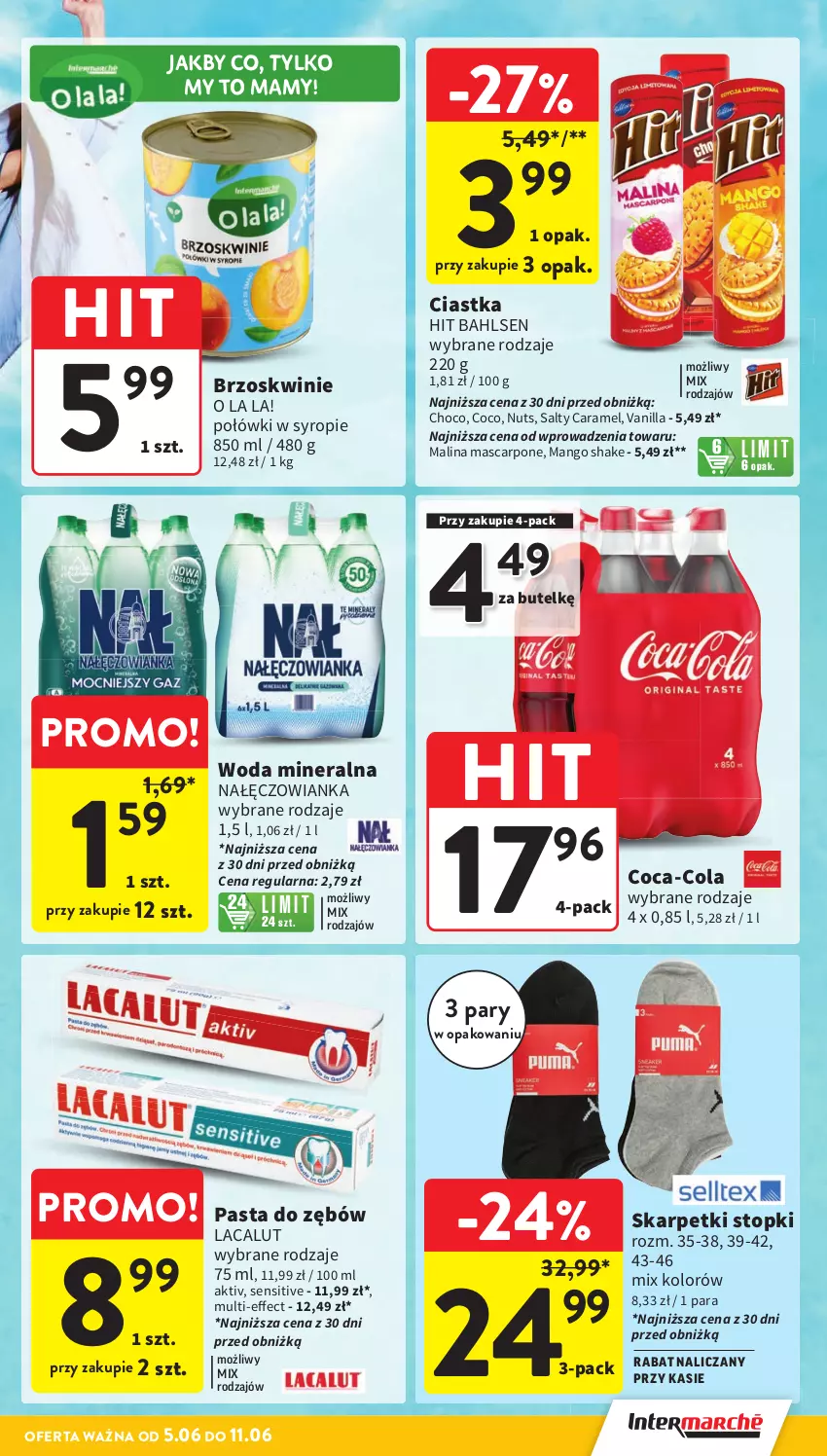 Gazetka promocyjna Intermarche - Gazetka Intermarche - ważna 05.06 do 11.06.2025 - strona 5 - produkty: Brzoskwinie, Ciastka, Coca-Cola, Karp, Lacalut, Mango, Mascarpone, Nałęczowianka, Pasta do zębów, Skarpetki, Syrop, Top, Woda, Woda mineralna