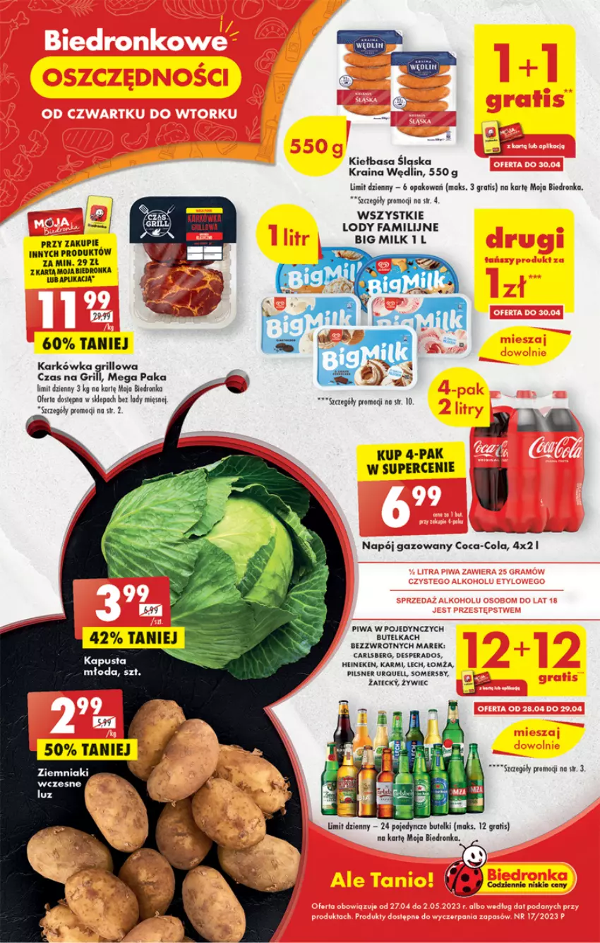 Gazetka promocyjna Biedronka - ważna 27.04 do 03.05.2023 - strona 1 - produkty: Big Milk, Carlsberg, Coca-Cola, Desperados, Dron, Fa, Gra, Grill, Heineken, Karmi, Lody, Napój, Napój gazowany, Piwa, Ziemniaki