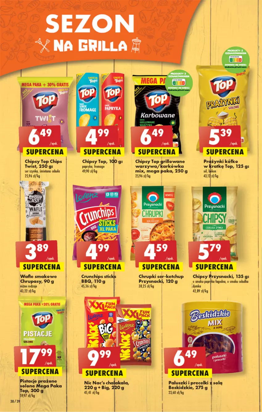 Gazetka promocyjna Biedronka - ważna 27.04 do 03.05.2023 - strona 38 - produkty: Beskidzki, Cebula, Chipsy, Chrupki, Crunchips, Grill, Ketchup, LANA, Precelki, Przysnacki, Ser, Szynka, Top, Wafle, Warzywa