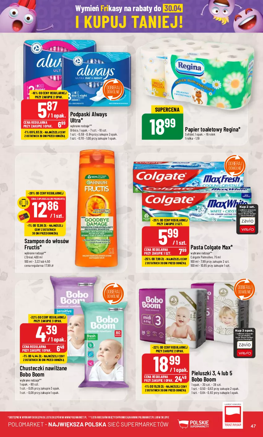 Gazetka promocyjna PoloMarket - Gazetka pomocyjna - ważna 10.04 do 16.04.2024 - strona 47 - produkty: Always, BIC, Chusteczki, Colgate, Fructis, Gin, LG, Palmolive, Papier, Papier toaletowy, Podpaski, Szampon