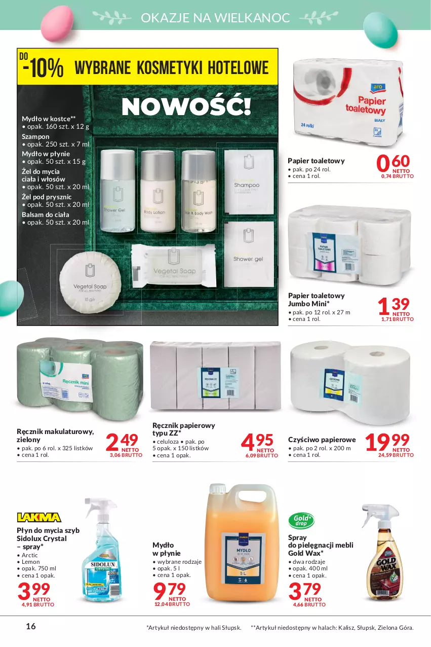 Gazetka promocyjna Makro - [Oferta promocyjna] Artykuły spożywcze i przemysłowe - ważna 05.04 do 18.04.2022 - strona 16 - produkty: Balsam do ciała, Czyściwo papierowe, Mydło, Mydło w płynie, Papier, Papier toaletowy, Płyn do mycia, Ręcznik, Sidolux, Szampon