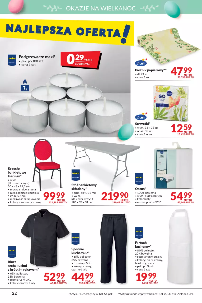 Gazetka promocyjna Makro - [Oferta promocyjna] Artykuły spożywcze i przemysłowe - ważna 05.04 do 18.04.2022 - strona 22 - produkty: Bieżnik, Bluza, Fa, Fartuch kuchenny, Krzesło, Obrus, Papier, Podgrzewacze, Rama, Ser, Serwetki, Siedzisko, Spodnie, Stół, Wełna