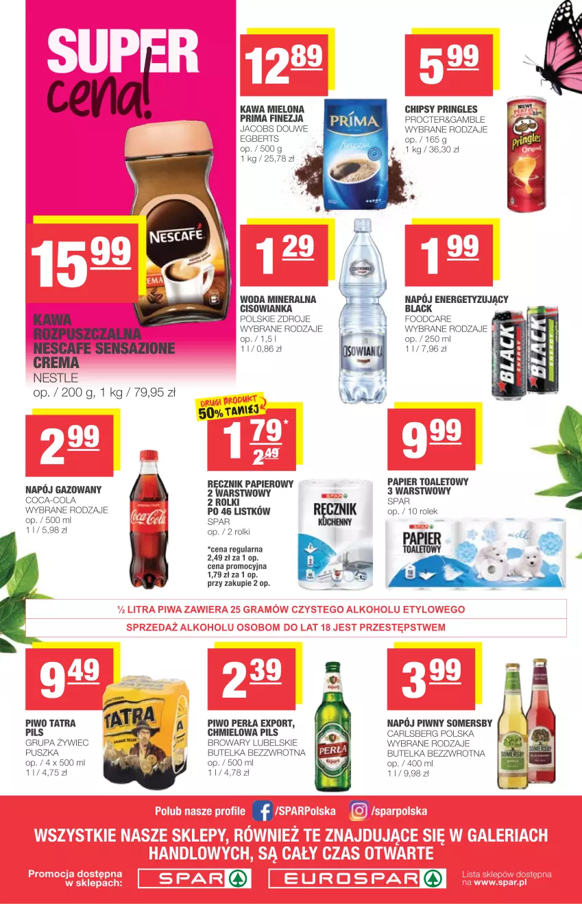 Gazetka promocyjna Spar - Eurospar - ważna 05.05 do 11.05.2021 - strona 4 - produkty: Carlsberg, Chipsy, Coca-Cola, Jacobs, Kawa, Kawa mielona, Kawa rozpuszczalna, Napój, Napój gazowany, Papier, Papier toaletowy, Perła, Piwo, Por, Prima, Pringles, Ręcznik, Rolki, Somersby, Tatra, Woda, Woda mineralna