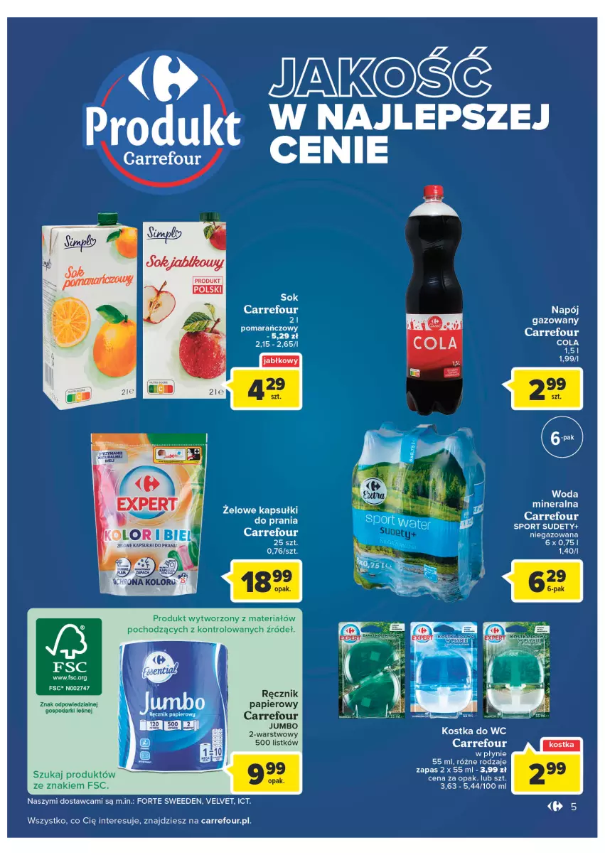 Gazetka promocyjna Carrefour - Gazetka Carrefour ZyskOferty - ważna 23.05 do 28.05.2022 - strona 5 - produkty: Kapsułki do prania, Napój, Napój gazowany, Papier, Por, Ręcznik, Sok, Sport, Velvet, Woda