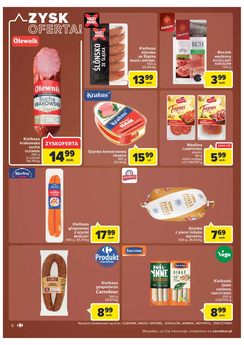 Gazetka promocyjna Carrefour - Gazetka Carrefour ZyskOferty - ważna 23.05 do 28.05.2022 - strona 6 - produkty: Boczek, Gra, Kiełbasa, Krakus, Madej Wróbel, Morliny, Olewnik, Ser, Sok, Sokołów, Szynka, Szynka konserwowa, Tarczyński, Wędlina