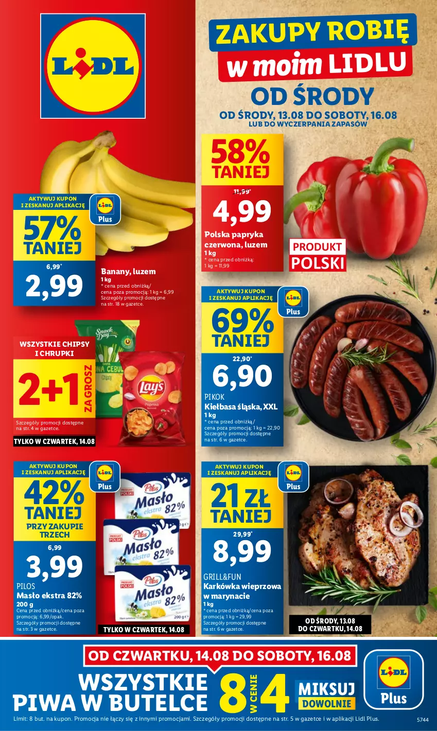 Gazetka promocyjna Lidl - GAZETKA - ważna 13.08 do 16.08.2025 - strona 1 - produkty: Banany, Chipsy, Chrupki, Grill, Karkówka wieprzowa, Kiełbasa, Kiełbasa śląska, Masło, Papryka, Papryka czerwona, PIKOK, Pilos, Piwa