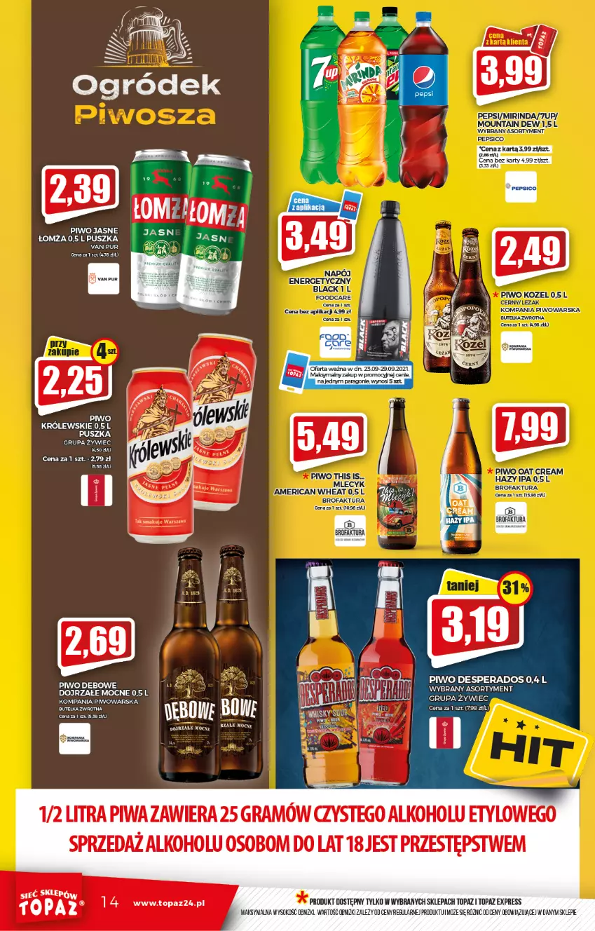 Gazetka promocyjna Topaz - Gazetka - ważna 23.09 do 29.09.2021 - strona 14 - produkty: Desperados, Fa, Gra, Królewski, Lack, Napój, Napój energetyczny, Piwa, Piwo, Pur, Sok, Top