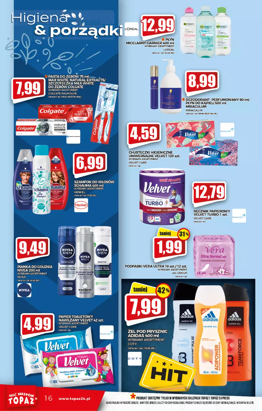 Gazetka promocyjna Topaz - Gazetka - ważna 23.09 do 29.09.2021 - strona 16 - produkty: Adidas, Chusteczki, Colgate, Dezodorant, Garnier, LG, Nivea, Palmolive, Papier, Papier toaletowy, Perfum, Pianka do golenia, Płyn do kąpieli, Podpaski, Ręcznik, Schauma, Sok, Szampon, Szczoteczka, Top, Velvet