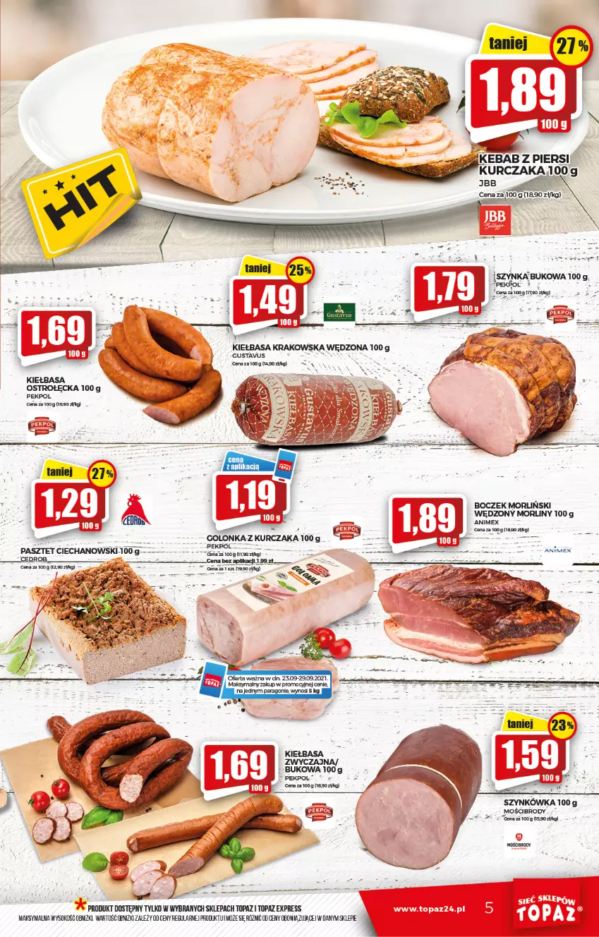 Gazetka promocyjna Topaz - Gazetka - ważna 23.09 do 29.09.2021 - strona 5 - produkty: Boczek, Kebab, Kiełbasa, Kiełbasa krakowska, Morliny, Sok, Szynka, Top