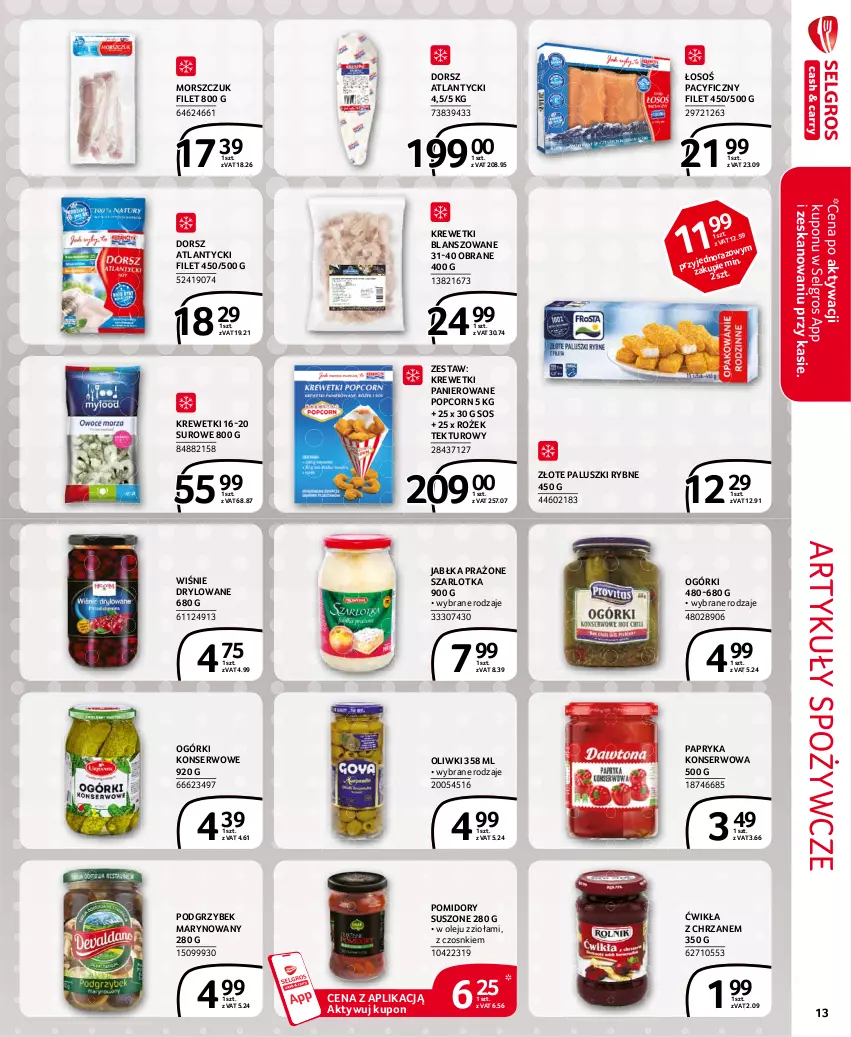 Gazetka promocyjna Selgros - Extra Oferta - ważna 01.03 do 31.03.2021 - strona 13 - produkty: Artykuły spożywcze, Chrzan, Dorsz, Jabłka, Jabłka prażone, Krewetki, LG, Ogórki konserwowe, Olej, Oliwki, Paluszki rybne, Papryka, Pomidory, Popcorn, Ser, Sos, Szarlotka