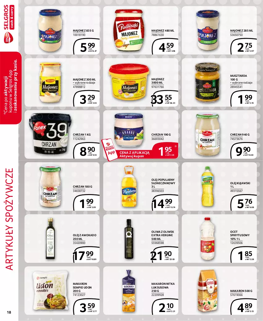 Gazetka promocyjna Selgros - Extra Oferta - ważna 01.03 do 31.03.2021 - strona 18 - produkty: Artykuły spożywcze, Chrzan, Gin, Kujawski, LG, Majonez, Makaron, Mus, Musztarda, Ocet, Olej, Oliwa z oliwek