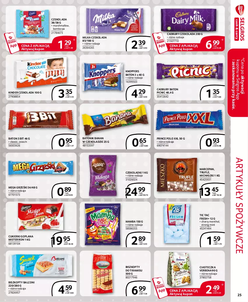 Gazetka promocyjna Selgros - Extra Oferta - ważna 01.03 do 31.03.2021 - strona 25 - produkty: Alcon, Artykuły spożywcze, Baton, Biszkopty, Cukier, Cukierki, Czekolada, Goplana, Grześki, Kinder, Knoppers, LANA, LG, Mamba, Mars, Milka, Prince Polo, Tonik