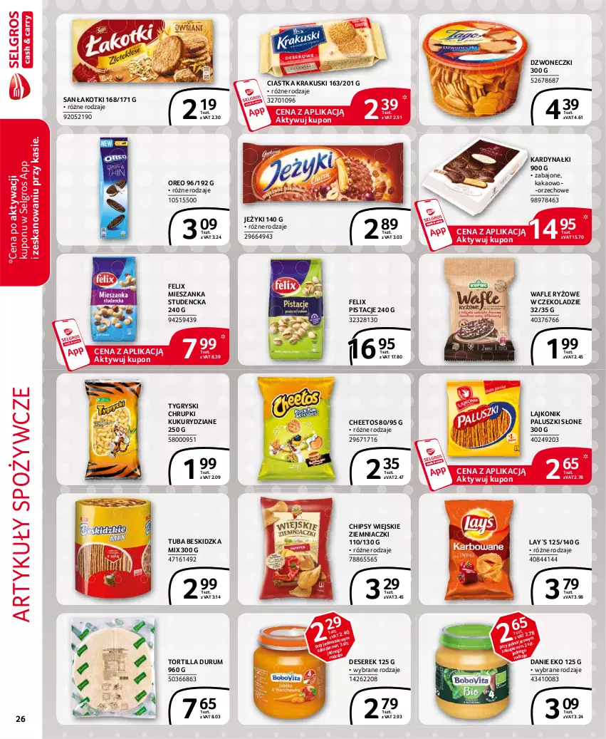 Gazetka promocyjna Selgros - Extra Oferta - ważna 01.03 do 31.03.2021 - strona 26 - produkty: Artykuły spożywcze, Cheetos, Chipsy, Chrupki, Ciastka, Deser, Felix, Gry, Jeżyki, Kakao, Krakus, Krakuski, Lajkonik, LG, Mieszanka studencka, Oreo, Pistacje, Rum, Ryż, Ser, Serek, Tortilla, Wafle