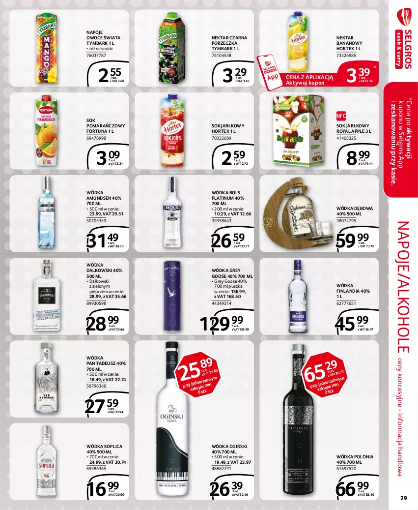 Gazetka promocyjna Selgros - Extra Oferta - ważna 01.03 do 31.03.2021 - strona 29 - produkty: Alkohole, Amundsen, Bols, Finlandia, Fortuna, Hortex, LG, Napoje, Nektar, Nektar bananowy, Ogiński, Owoce, Pieprz, Por, Sok, Sok jabłkowy, Sok pomarańczowy, Soplica, Tymbark, Wódka