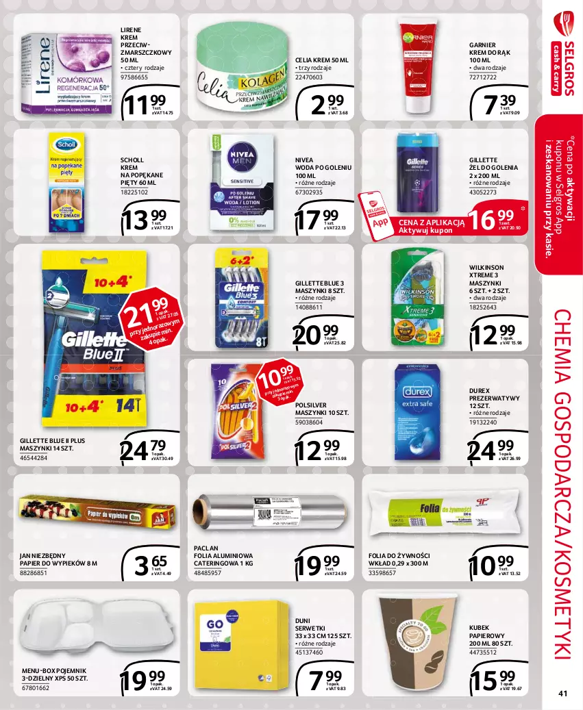 Gazetka promocyjna Selgros - Extra Oferta - ważna 01.03 do 31.03.2021 - strona 41 - produkty: Durex, Folia aluminiowa, Garnier, Gillette, Jan Niezbędny, Krem do rąk, Krem przeciwzmarszczkowy, Kubek, Kubek papierowy, LG, Lirene, Mars, Nivea, Papier, Pojemnik, Prezerwatyw, Scholl, Ser, Serwetki, Woda, Woda po goleniu