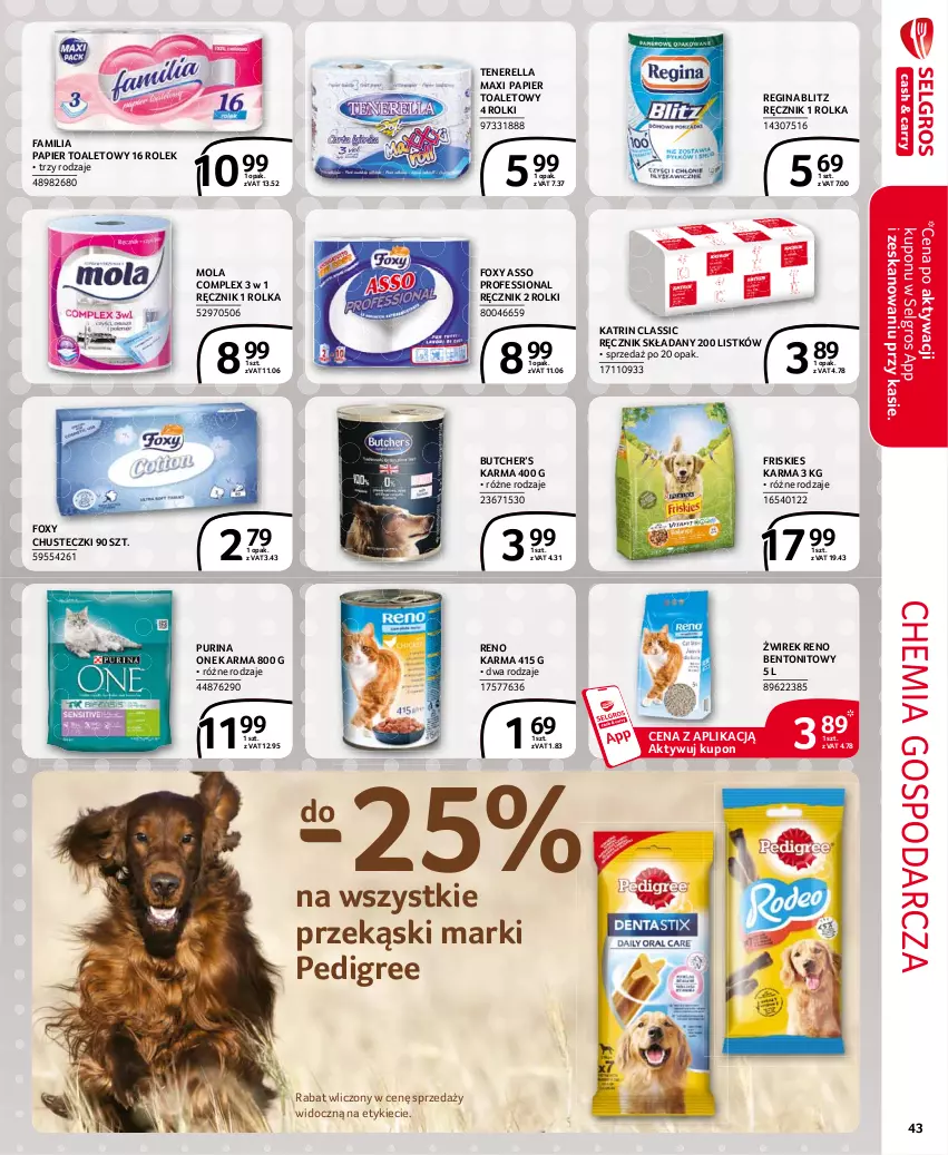 Gazetka promocyjna Selgros - Extra Oferta - ważna 01.03 do 31.03.2021 - strona 43 - produkty: Chusteczki, Fa, Foxy, Friskies, Gin, LG, Mola, Papier, Papier toaletowy, Pedigree, Pur, Purina, Ręcznik, Rolki