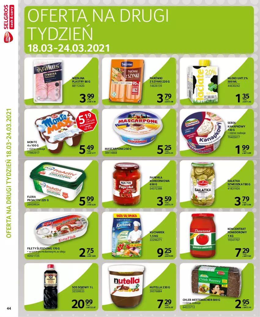 Gazetka promocyjna Selgros - Extra Oferta - ważna 01.03 do 31.03.2021 - strona 44 - produkty: Chleb, Flora, Koncentrat pomidorowy, Kucharek, Mascarpone, Mleko, Monte, Nutella, Olej, Papryka, Parówki, Parówki z szynki, Sałat, Sałatka, Ser, Serek, Serek kanapkowy, Sos, Sos sojowy, Wędlina