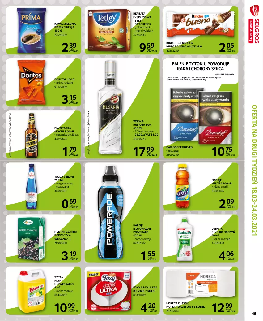 Gazetka promocyjna Selgros - Extra Oferta - ważna 01.03 do 31.03.2021 - strona 45 - produkty: Davidoff, Fa, Foxy, Herbata, Kawa, Kawa mielona, Kinder, Kinder Bueno, Lack, Ludwik, Napoje, Nektar, Nestea, Papier, Papier toaletowy, Piwo, Por, Prima, Ręcznik, Rolki, Ser, Tatra, Tetley, Tytan, Woda, Wódka, Wosana