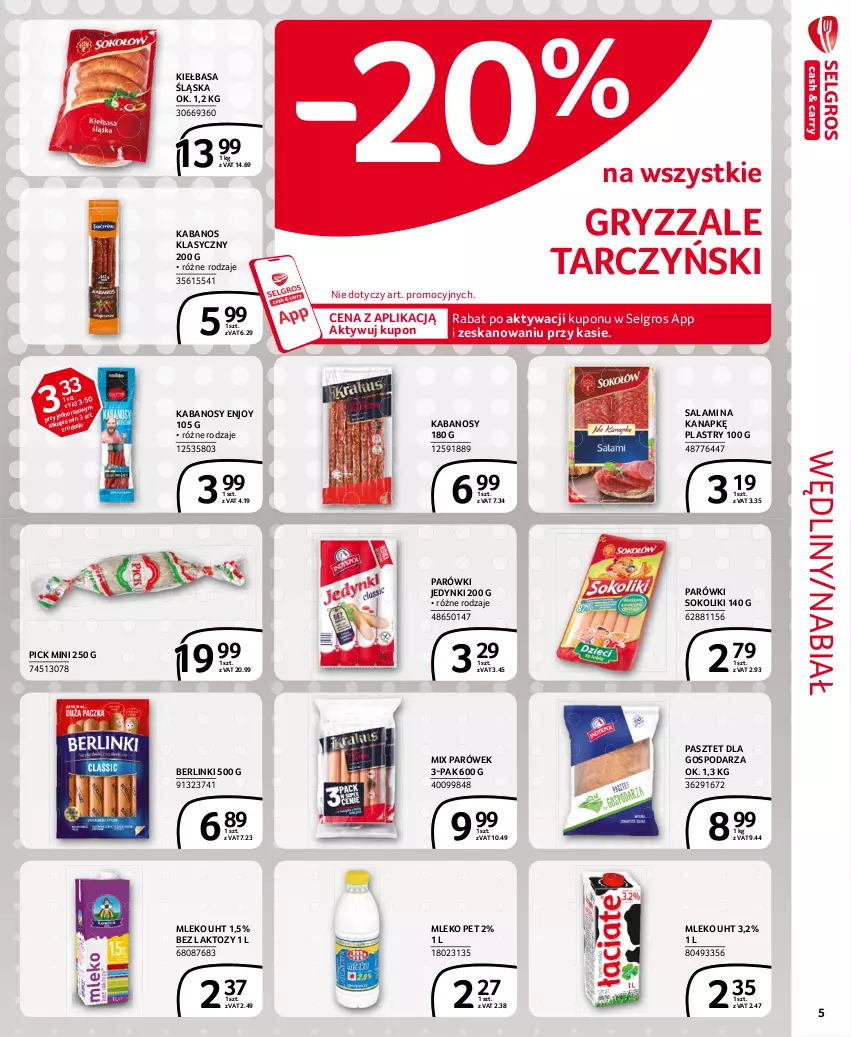 Gazetka promocyjna Selgros - Extra Oferta - ważna 01.03 do 31.03.2021 - strona 5 - produkty: Berlinki, Gry, Kabanos, Kiełbasa, Kiełbasa śląska, LG, Mleko, Parówki, Parówki sokoliki, Pasztet, Salami, Sok, Tarczyński