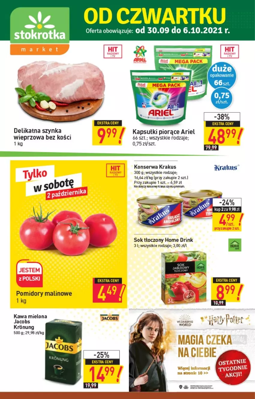 Gazetka promocyjna Stokrotka - Market - ważna 30.09 do 06.10.2021 - strona 1 - produkty: Ariel, Jacobs, Kawa, Kawa mielona, Krakus, Pomidory, Ser, Sok, Szynka