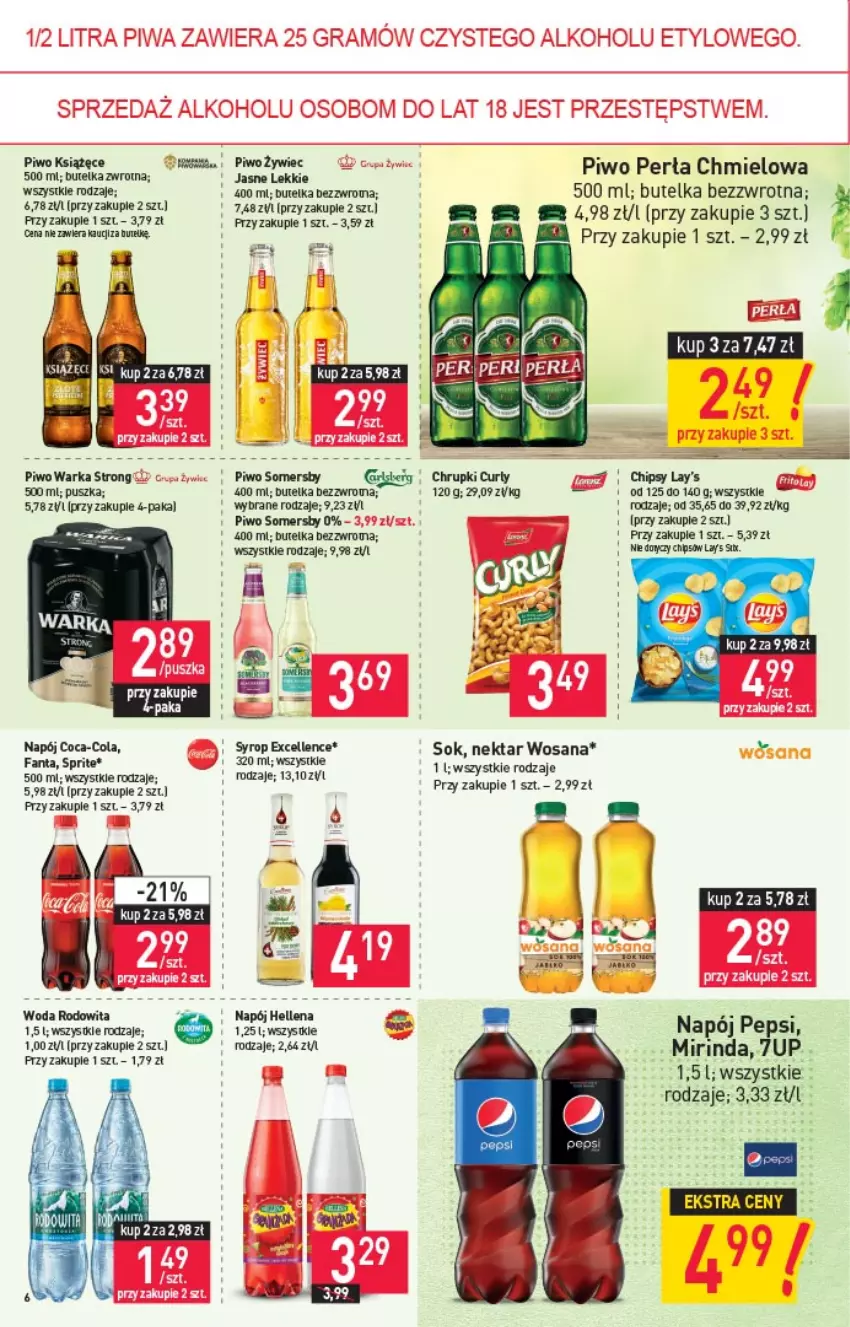 Gazetka promocyjna Stokrotka - Market - ważna 30.09 do 06.10.2021 - strona 6 - produkty: 7up, Chipsy, Chrupki, Coca-Cola, Fa, Fanta, Gra, Hellena, Książęce, Mirinda, Napój, Nektar, Pepsi, Perła, Piwa, Piwo, Sok, Somersby, Sprite, Syrop, Warka, Woda, Wosana